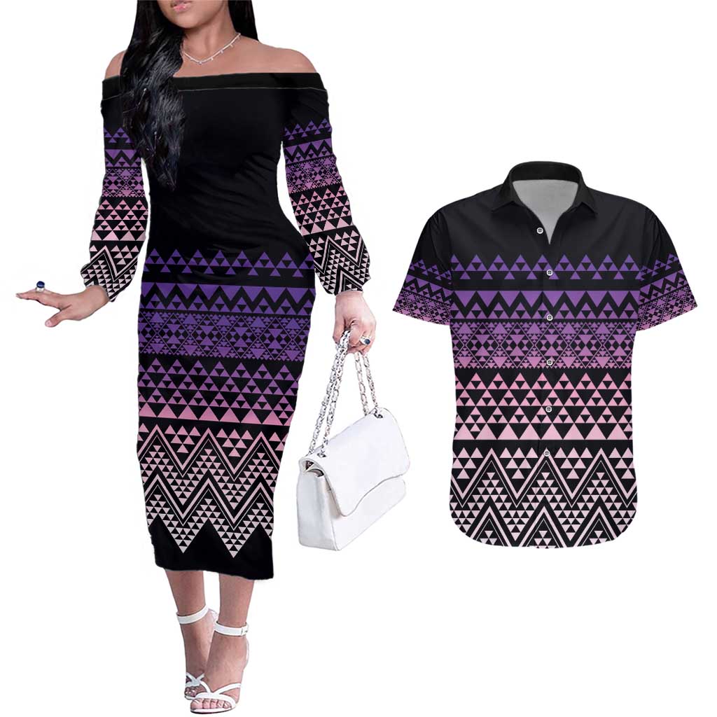Maori Niho Taniwha Te Wheiao Couples Matching Off The Shoulder Long Sleeve Dress and Hawaiian Shirt Waiporoporo - Aussie Hoodie