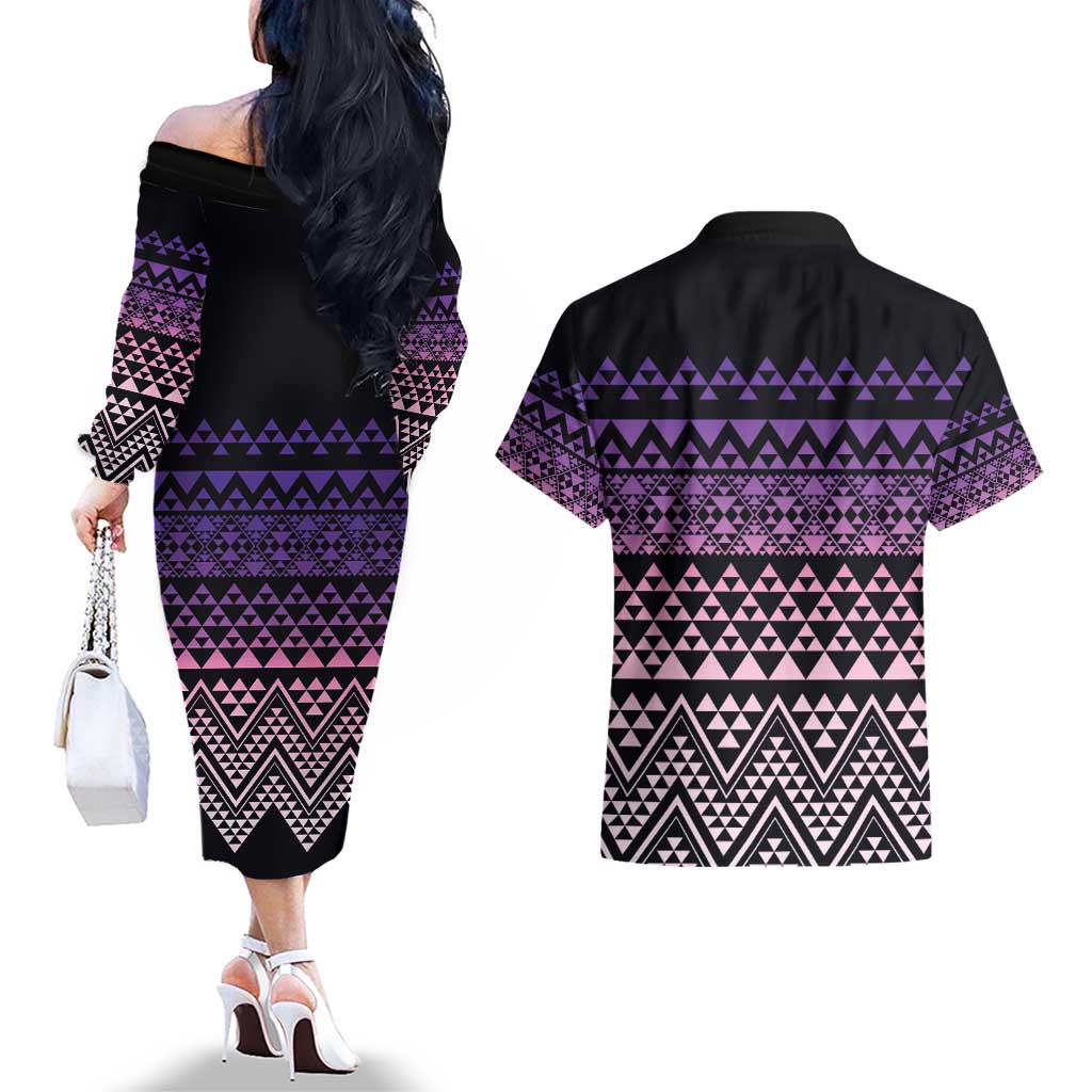 Maori Niho Taniwha Te Wheiao Couples Matching Off The Shoulder Long Sleeve Dress and Hawaiian Shirt Waiporoporo - Aussie Hoodie