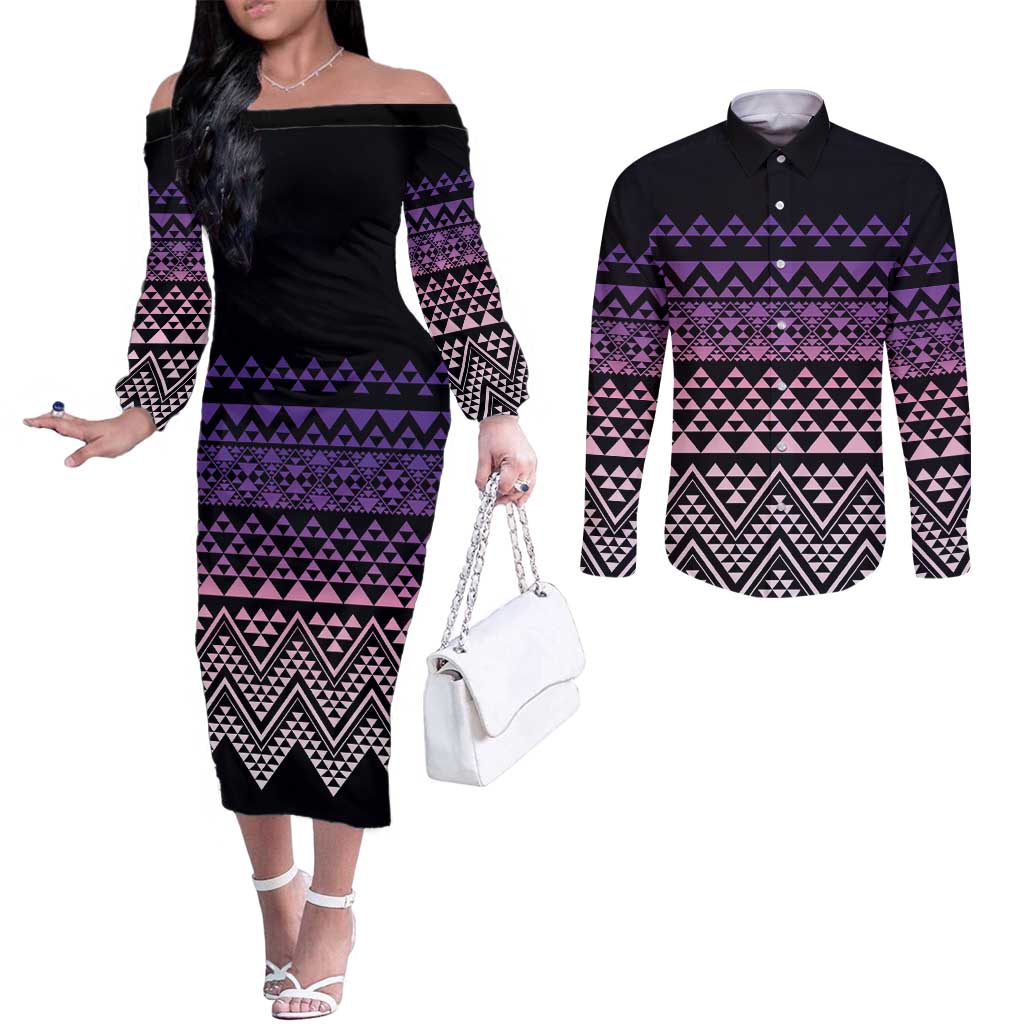 Maori Niho Taniwha Te Wheiao Couples Matching Off The Shoulder Long Sleeve Dress and Long Sleeve Button Shirt Waiporoporo - Aussie Hoodie