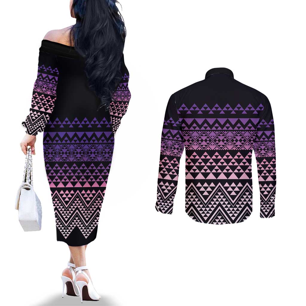Maori Niho Taniwha Te Wheiao Couples Matching Off The Shoulder Long Sleeve Dress and Long Sleeve Button Shirt Waiporoporo - Aussie Hoodie
