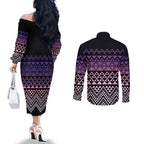 Maori Niho Taniwha Te Wheiao Couples Matching Off The Shoulder Long Sleeve Dress and Long Sleeve Button Shirt Waiporoporo - Aussie Hoodie