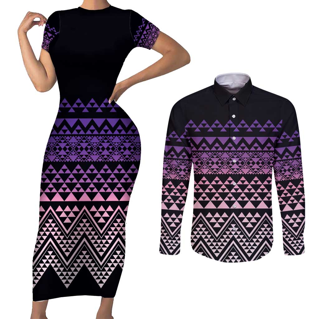Maori Niho Taniwha Te Wheiao Couples Matching Short Sleeve Bodycon Dress and Long Sleeve Button Shirt Waiporoporo - Aussie Hoodie