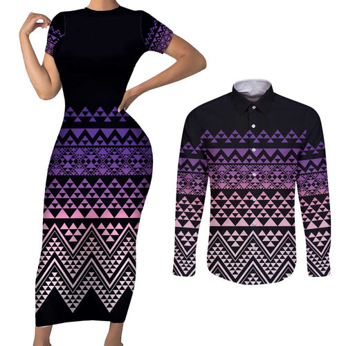 Maori Niho Taniwha Te Wheiao Couples Matching Short Sleeve Bodycon Dress and Long Sleeve Button Shirt Waiporoporo - Aussie Hoodie