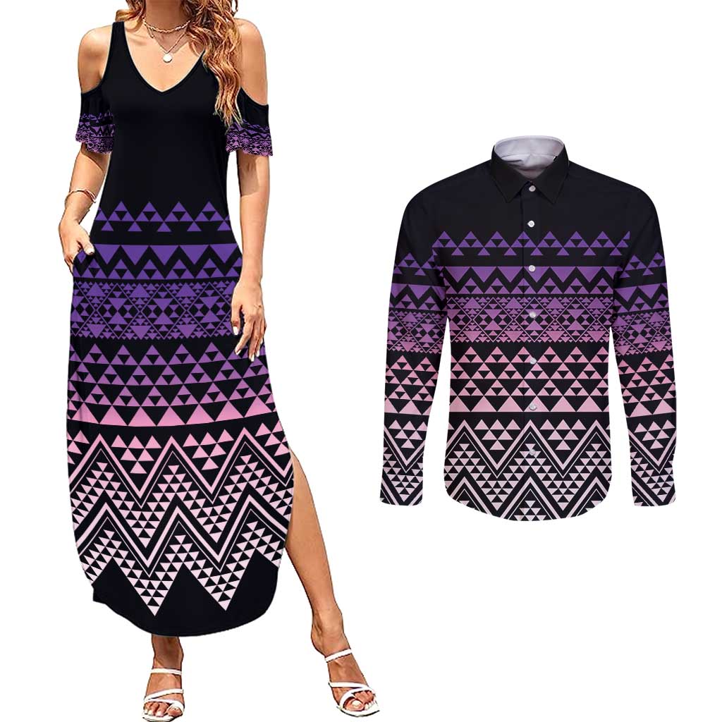 Maori Niho Taniwha Te Wheiao Couples Matching Summer Maxi Dress and Long Sleeve Button Shirt Waiporoporo - Aussie Hoodie