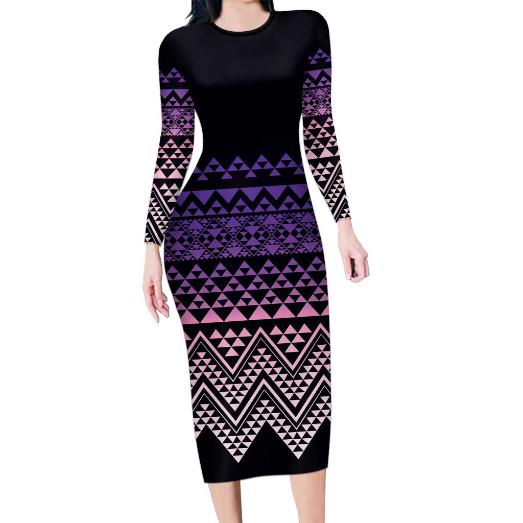 Maori Niho Taniwha Te Wheiao Long Sleeve Bodycon Dress Waiporoporo - Aussie Hoodie