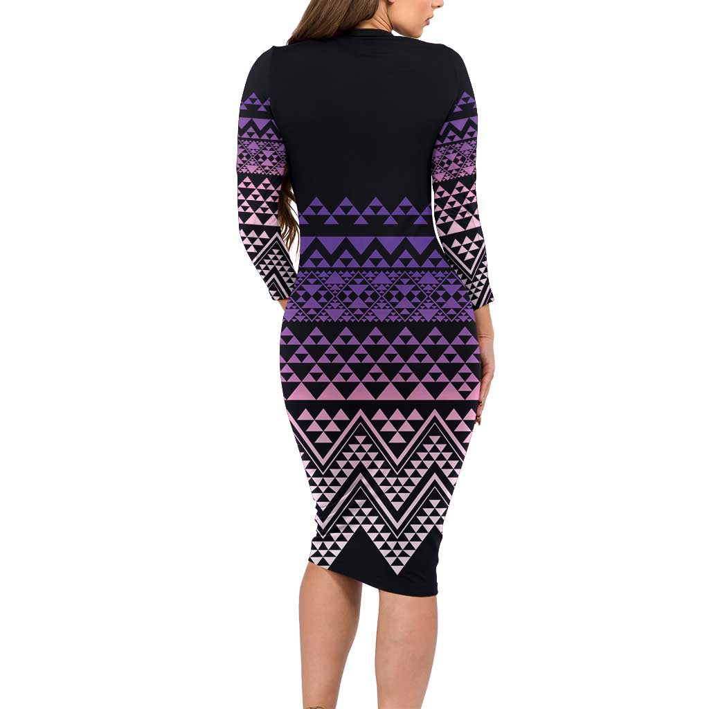 Maori Niho Taniwha Te Wheiao Long Sleeve Bodycon Dress Waiporoporo - Aussie Hoodie