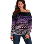 Maori Niho Taniwha Te Wheiao Off Shoulder Sweater Waiporoporo - Aussie Hoodie