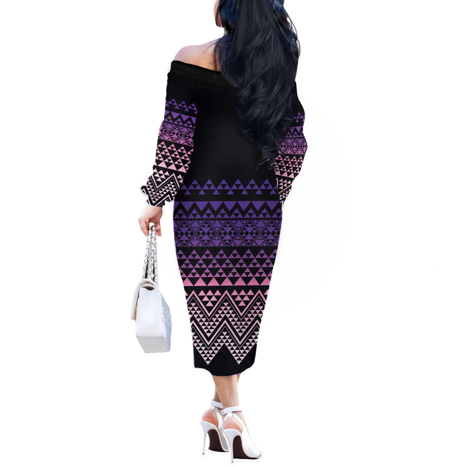 Maori Niho Taniwha Te Wheiao Off The Shoulder Long Sleeve Dress Waiporoporo - Aussie Hoodie