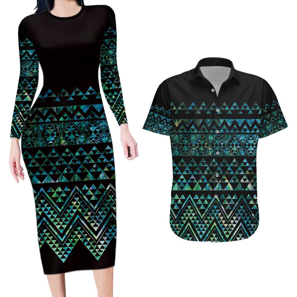 Maori Niho Taniwha Te Wheiao Couples Matching Long Sleeve Bodycon Dress and Hawaiian Shirt Paua Shell - Aussie Hoodie
