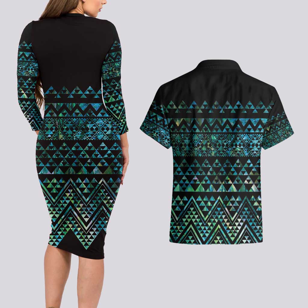 Maori Niho Taniwha Te Wheiao Couples Matching Long Sleeve Bodycon Dress and Hawaiian Shirt Paua Shell - Aussie Hoodie