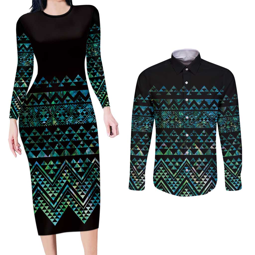 Maori Niho Taniwha Te Wheiao Couples Matching Long Sleeve Bodycon Dress and Long Sleeve Button Shirt Paua Shell - Aussie Hoodie