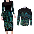 Maori Niho Taniwha Te Wheiao Couples Matching Long Sleeve Bodycon Dress and Long Sleeve Button Shirt Paua Shell - Aussie Hoodie