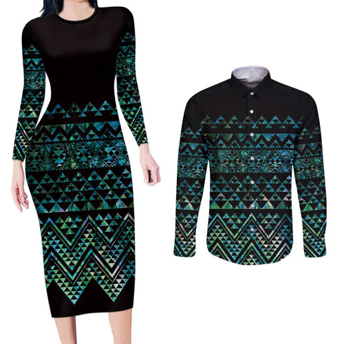 Maori Niho Taniwha Te Wheiao Couples Matching Long Sleeve Bodycon Dress and Long Sleeve Button Shirt Paua Shell - Aussie Hoodie