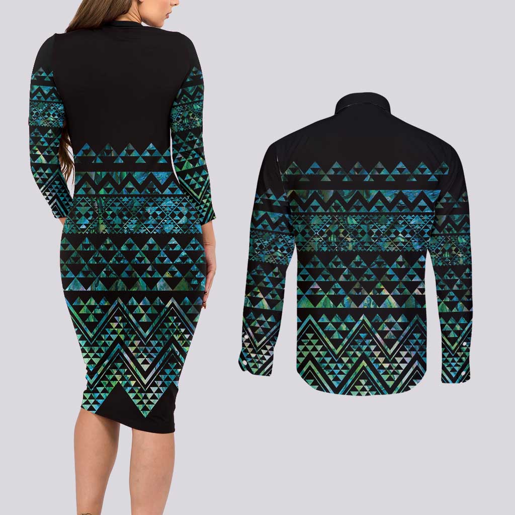 Maori Niho Taniwha Te Wheiao Couples Matching Long Sleeve Bodycon Dress and Long Sleeve Button Shirt Paua Shell - Aussie Hoodie