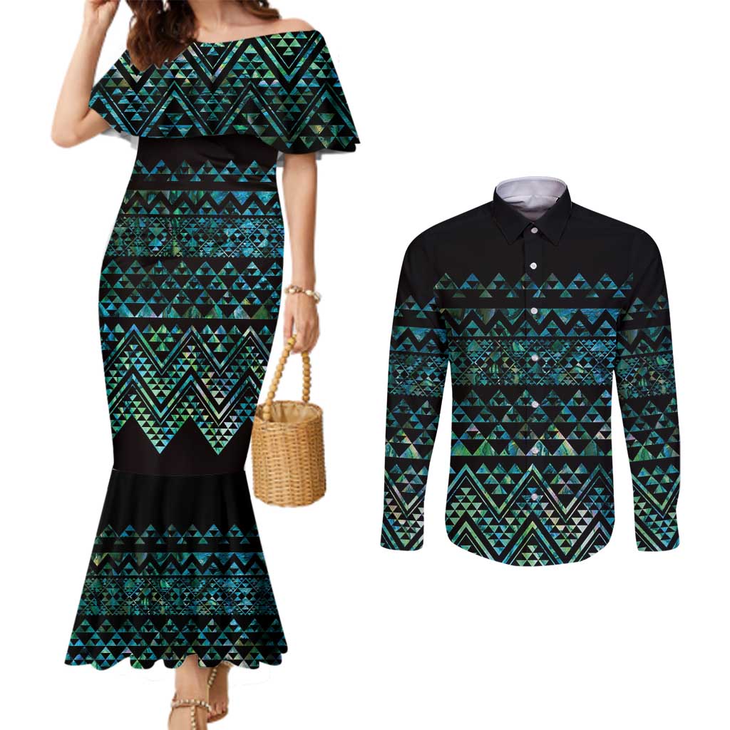 Maori Niho Taniwha Te Wheiao Couples Matching Mermaid Dress and Long Sleeve Button Shirt Paua Shell - Aussie Hoodie
