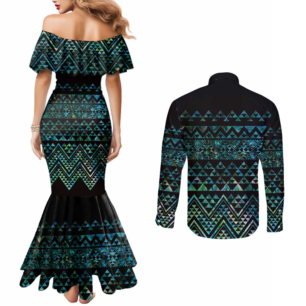 Maori Niho Taniwha Te Wheiao Couples Matching Mermaid Dress and Long Sleeve Button Shirt Paua Shell - Aussie Hoodie