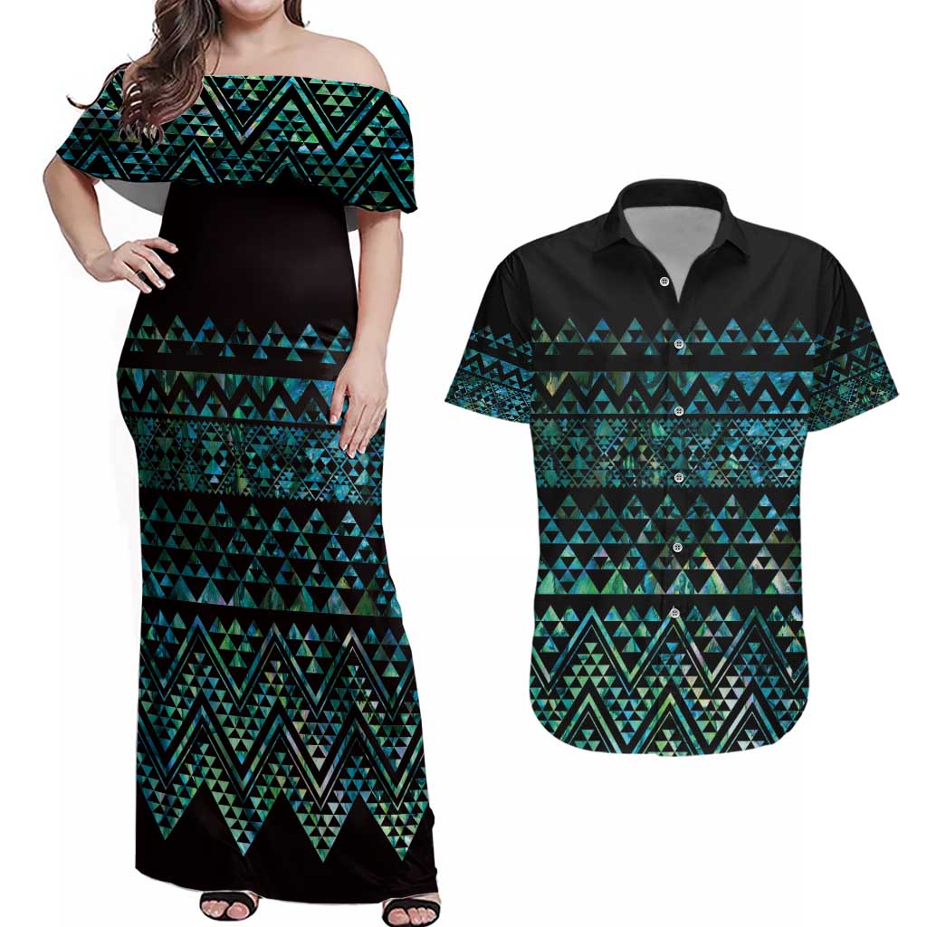 Maori Niho Taniwha Te Wheiao Couples Matching Off Shoulder Maxi Dress and Hawaiian Shirt Paua Shell - Aussie Hoodie