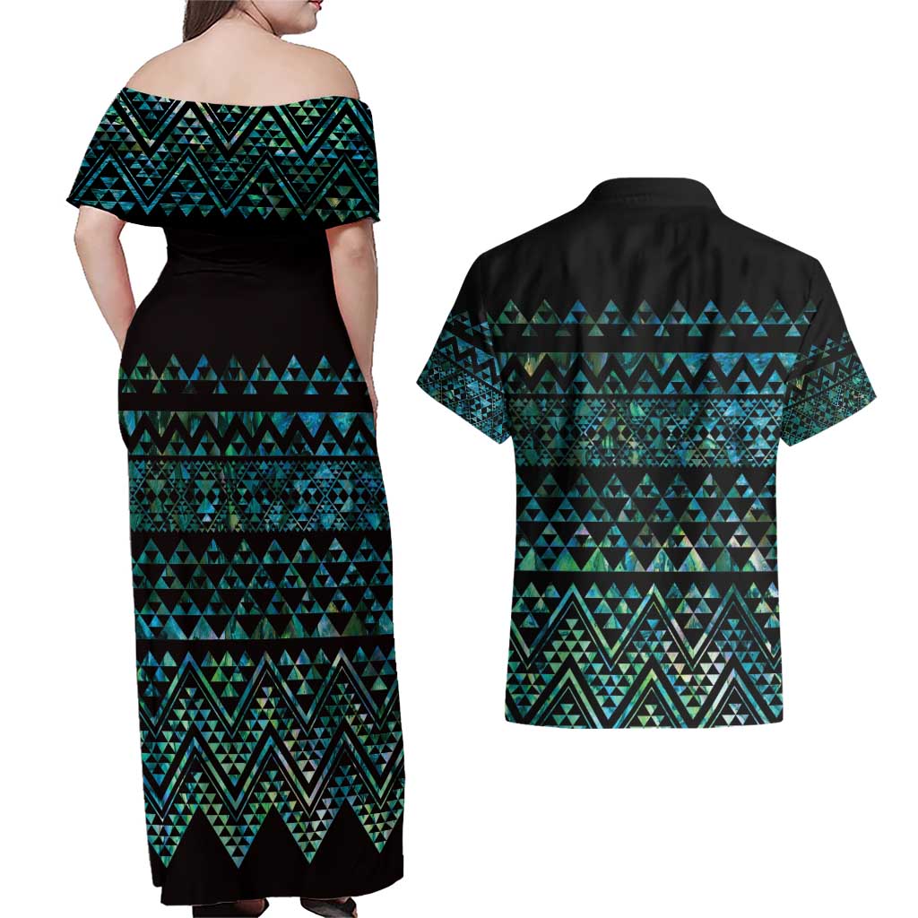 Maori Niho Taniwha Te Wheiao Couples Matching Off Shoulder Maxi Dress and Hawaiian Shirt Paua Shell - Aussie Hoodie