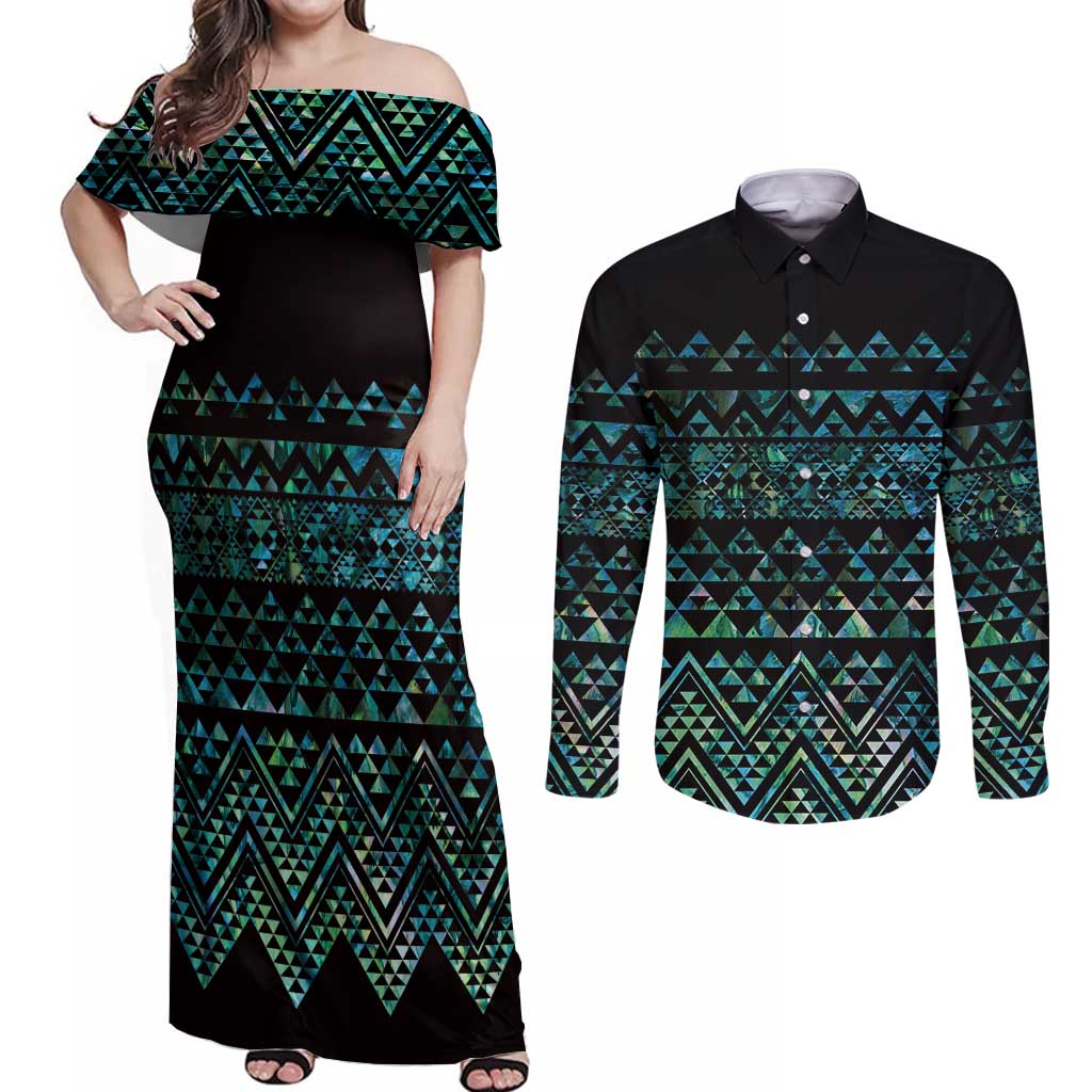 Maori Niho Taniwha Te Wheiao Couples Matching Off Shoulder Maxi Dress and Long Sleeve Button Shirt Paua Shell - Aussie Hoodie