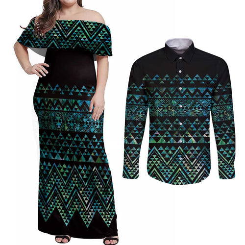 Maori Niho Taniwha Te Wheiao Couples Matching Off Shoulder Maxi Dress and Long Sleeve Button Shirt Paua Shell - Aussie Hoodie