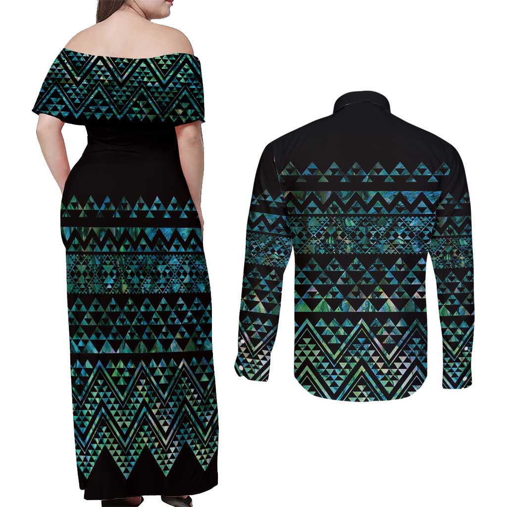 Maori Niho Taniwha Te Wheiao Couples Matching Off Shoulder Maxi Dress and Long Sleeve Button Shirt Paua Shell - Aussie Hoodie