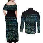 Maori Niho Taniwha Te Wheiao Couples Matching Off Shoulder Maxi Dress and Long Sleeve Button Shirt Paua Shell - Aussie Hoodie