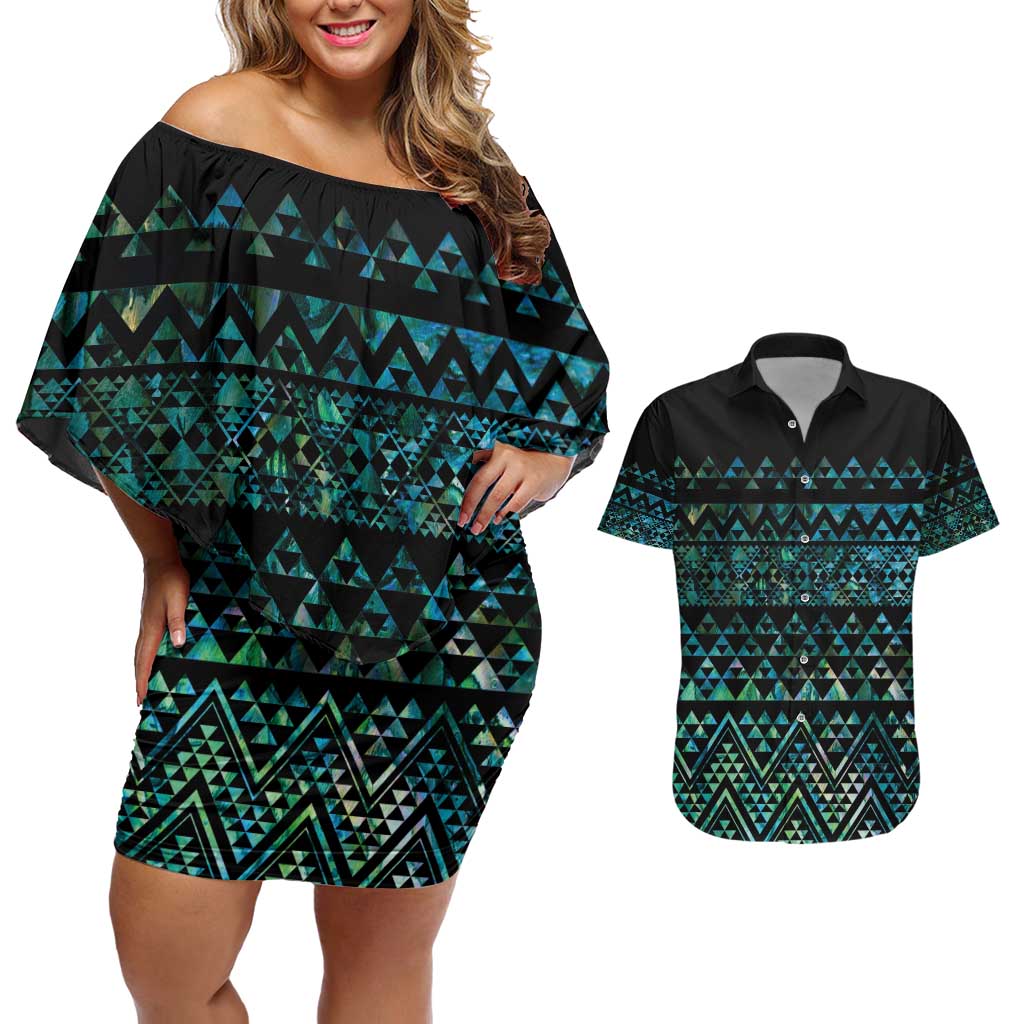 Maori Niho Taniwha Te Wheiao Couples Matching Off Shoulder Short Dress and Hawaiian Shirt Paua Shell - Aussie Hoodie