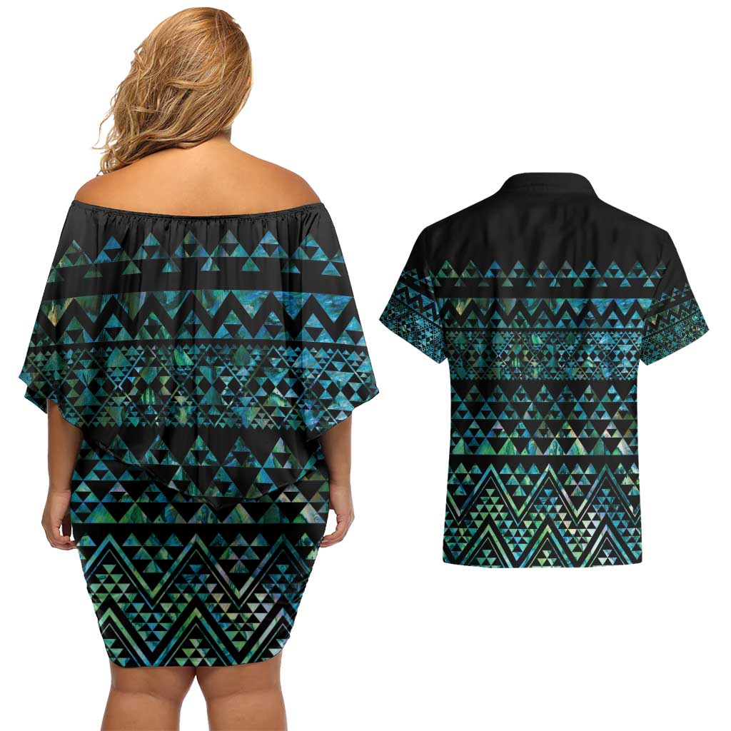 Maori Niho Taniwha Te Wheiao Couples Matching Off Shoulder Short Dress and Hawaiian Shirt Paua Shell - Aussie Hoodie