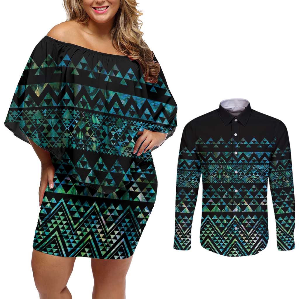 Maori Niho Taniwha Te Wheiao Couples Matching Off Shoulder Short Dress and Long Sleeve Button Shirt Paua Shell - Aussie Hoodie