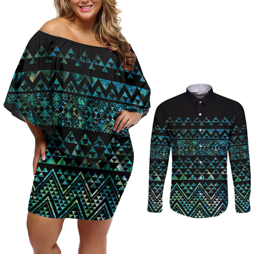 Maori Niho Taniwha Te Wheiao Couples Matching Off Shoulder Short Dress and Long Sleeve Button Shirt Paua Shell - Aussie Hoodie