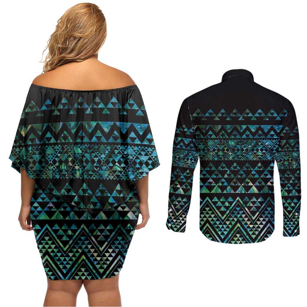 Maori Niho Taniwha Te Wheiao Couples Matching Off Shoulder Short Dress and Long Sleeve Button Shirt Paua Shell - Aussie Hoodie