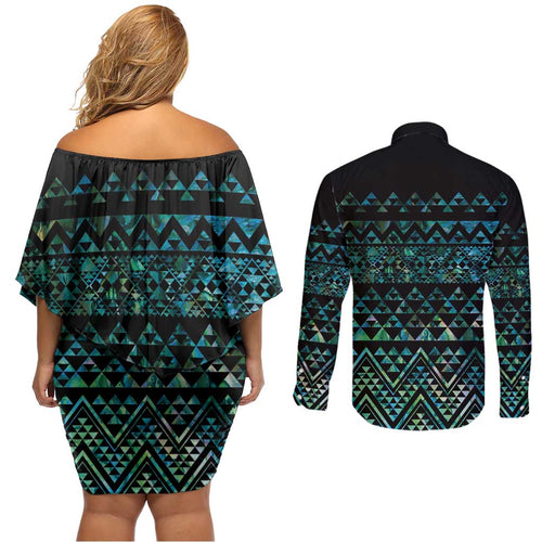 Maori Niho Taniwha Te Wheiao Couples Matching Off Shoulder Short Dress and Long Sleeve Button Shirt Paua Shell - Aussie Hoodie