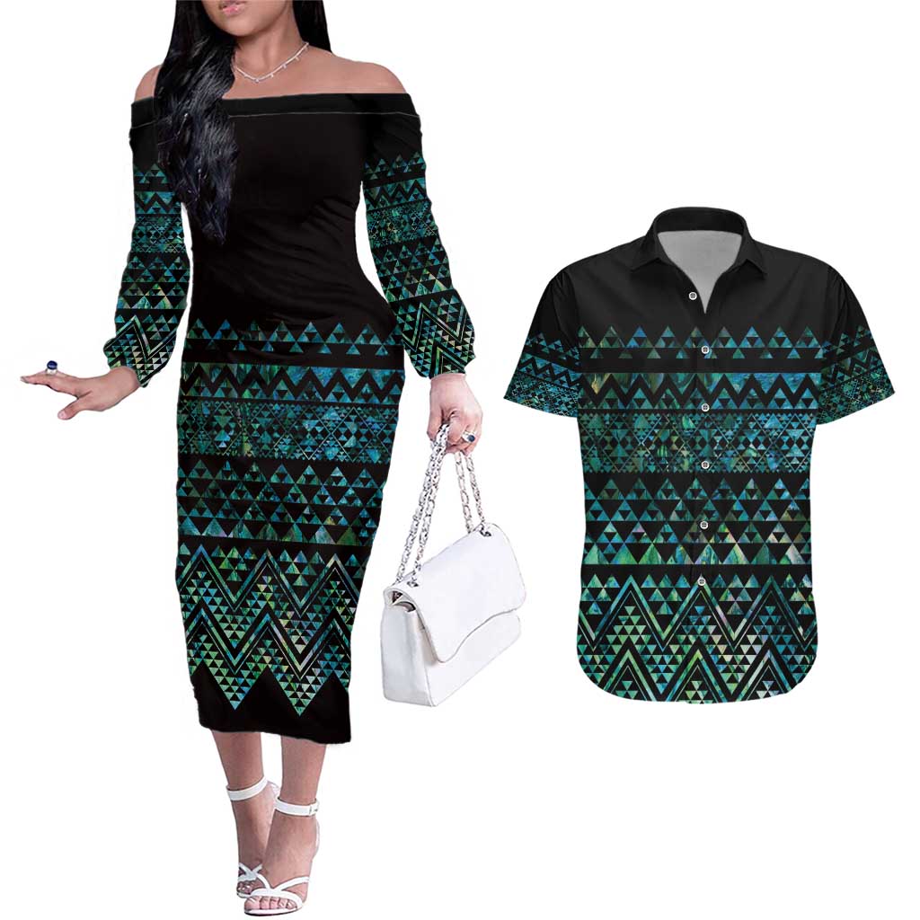 Maori Niho Taniwha Te Wheiao Couples Matching Off The Shoulder Long Sleeve Dress and Hawaiian Shirt Paua Shell - Aussie Hoodie
