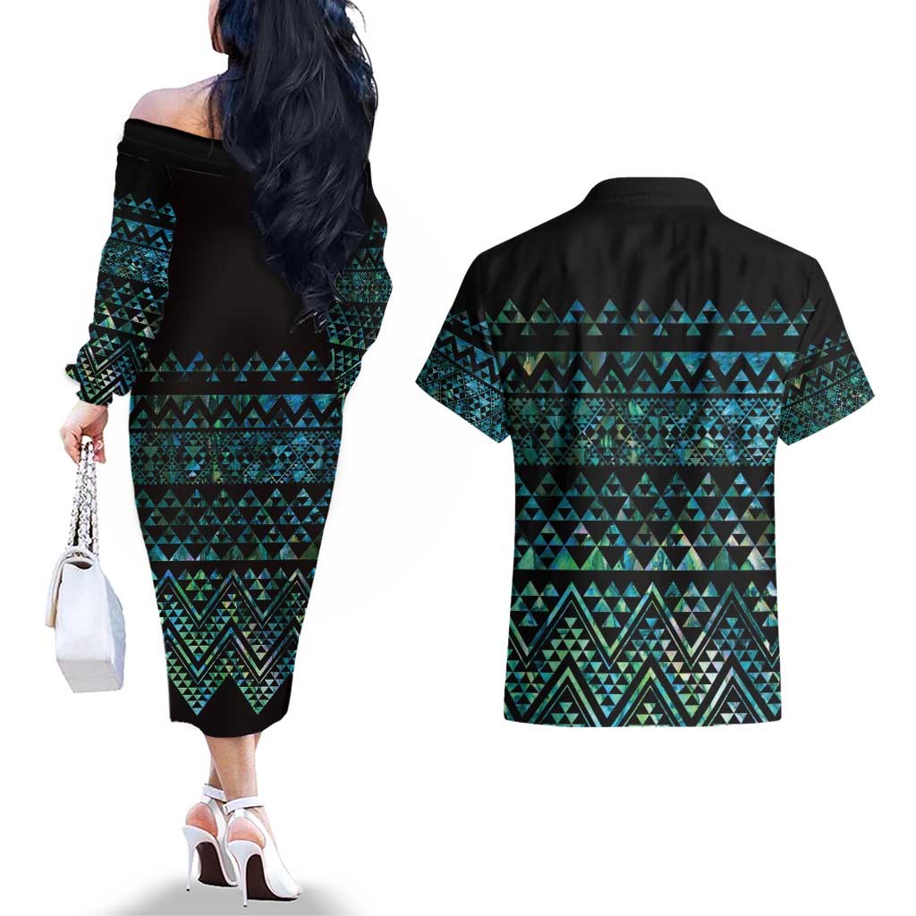 Maori Niho Taniwha Te Wheiao Couples Matching Off The Shoulder Long Sleeve Dress and Hawaiian Shirt Paua Shell - Aussie Hoodie