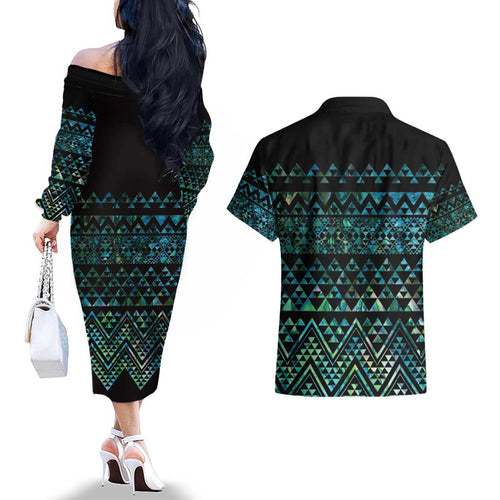 Maori Niho Taniwha Te Wheiao Couples Matching Off The Shoulder Long Sleeve Dress and Hawaiian Shirt Paua Shell - Aussie Hoodie