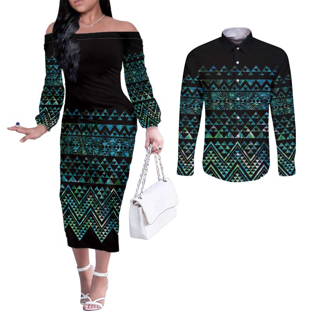 Maori Niho Taniwha Te Wheiao Couples Matching Off The Shoulder Long Sleeve Dress and Long Sleeve Button Shirt Paua Shell - Aussie Hoodie
