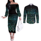 Maori Niho Taniwha Te Wheiao Couples Matching Off The Shoulder Long Sleeve Dress and Long Sleeve Button Shirt Paua Shell - Aussie Hoodie