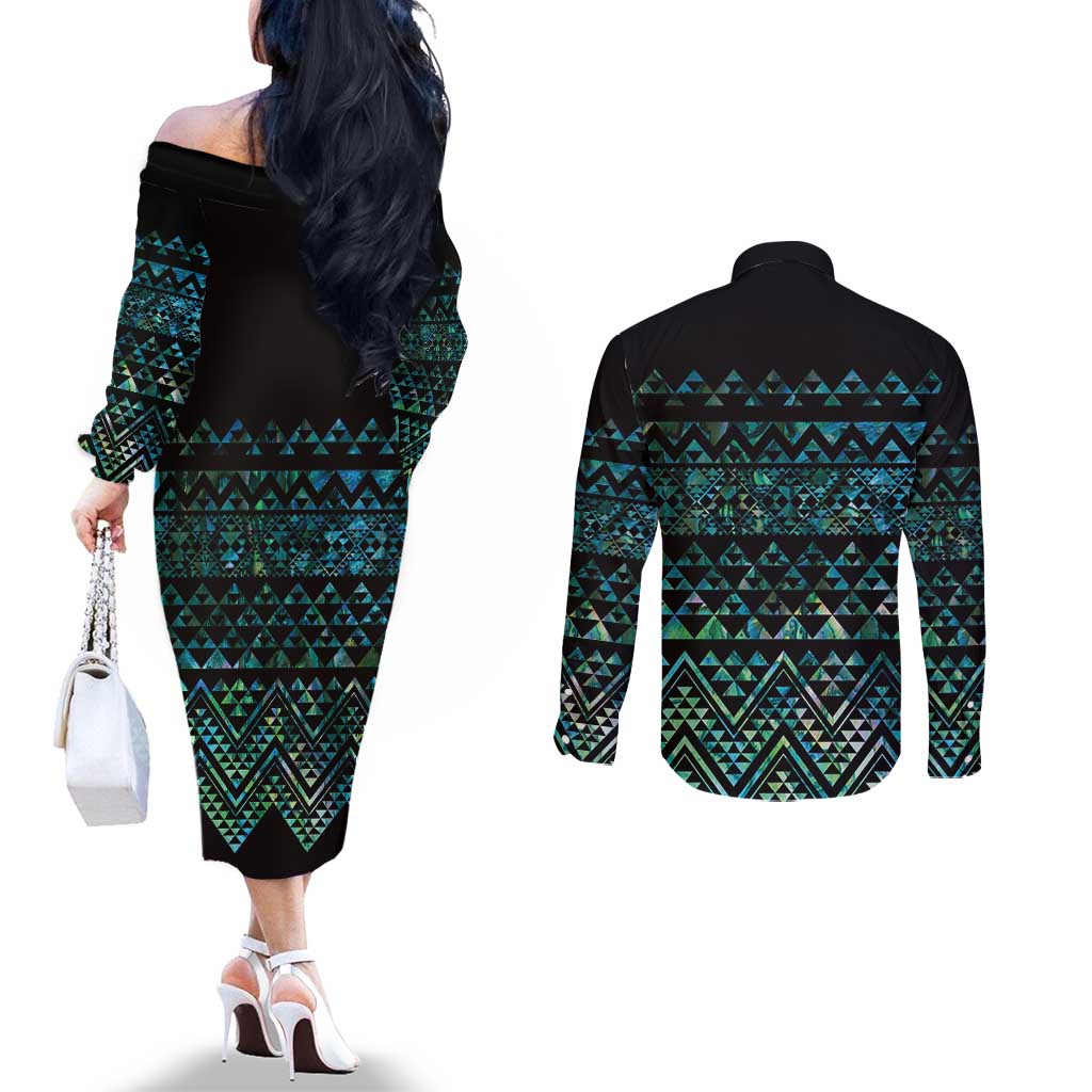 Maori Niho Taniwha Te Wheiao Couples Matching Off The Shoulder Long Sleeve Dress and Long Sleeve Button Shirt Paua Shell - Aussie Hoodie
