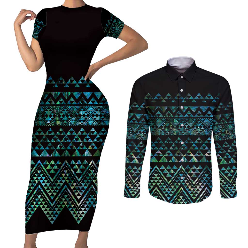 Maori Niho Taniwha Te Wheiao Couples Matching Short Sleeve Bodycon Dress and Long Sleeve Button Shirt Paua Shell - Aussie Hoodie