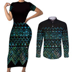 Maori Niho Taniwha Te Wheiao Couples Matching Short Sleeve Bodycon Dress and Long Sleeve Button Shirt Paua Shell - Aussie Hoodie
