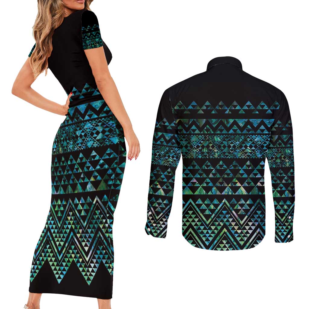 Maori Niho Taniwha Te Wheiao Couples Matching Short Sleeve Bodycon Dress and Long Sleeve Button Shirt Paua Shell - Aussie Hoodie