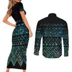 Maori Niho Taniwha Te Wheiao Couples Matching Short Sleeve Bodycon Dress and Long Sleeve Button Shirt Paua Shell - Aussie Hoodie