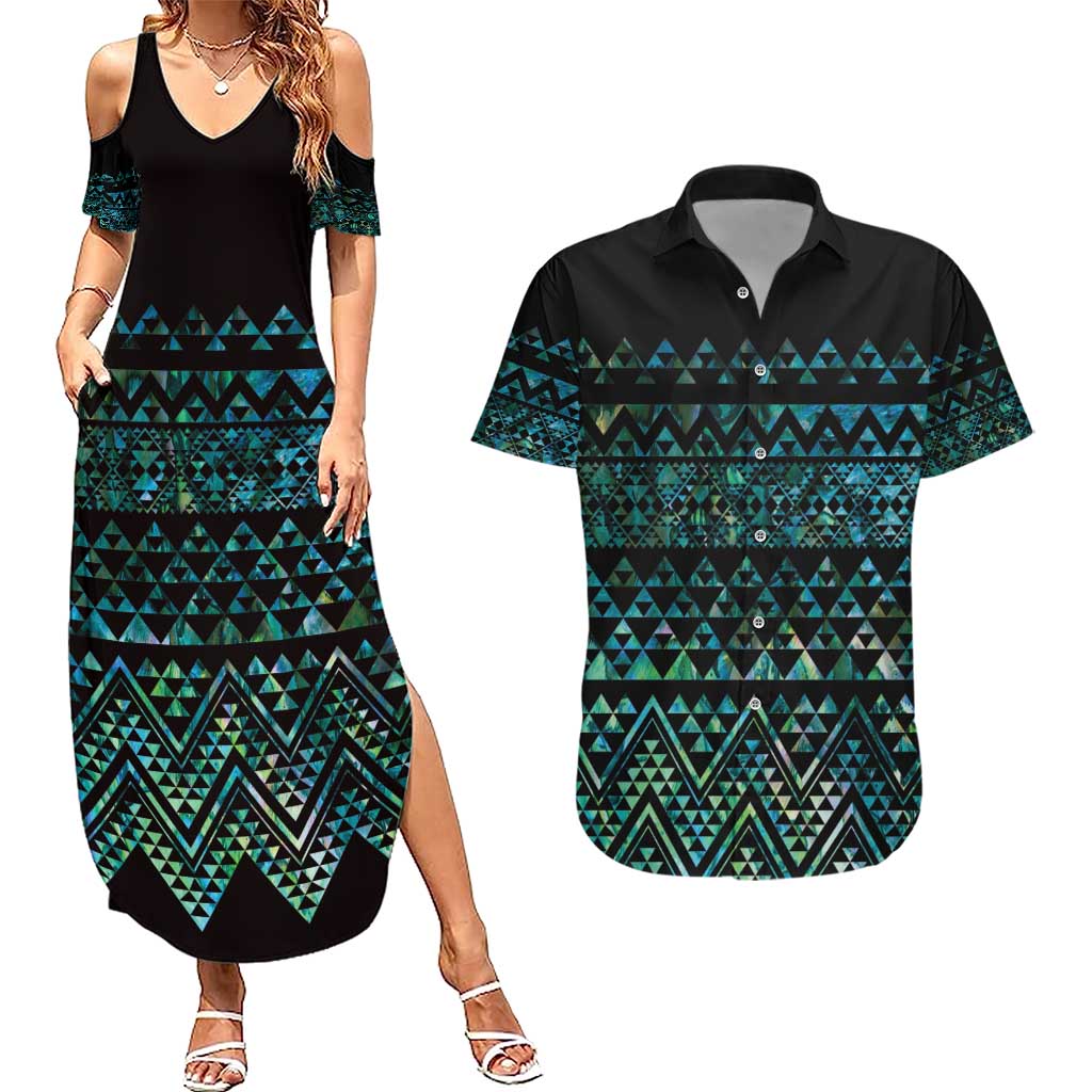 Maori Niho Taniwha Te Wheiao Couples Matching Summer Maxi Dress and Hawaiian Shirt Paua Shell - Aussie Hoodie