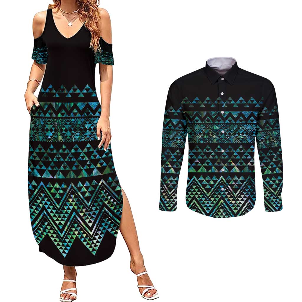 Maori Niho Taniwha Te Wheiao Couples Matching Summer Maxi Dress and Long Sleeve Button Shirt Paua Shell - Aussie Hoodie
