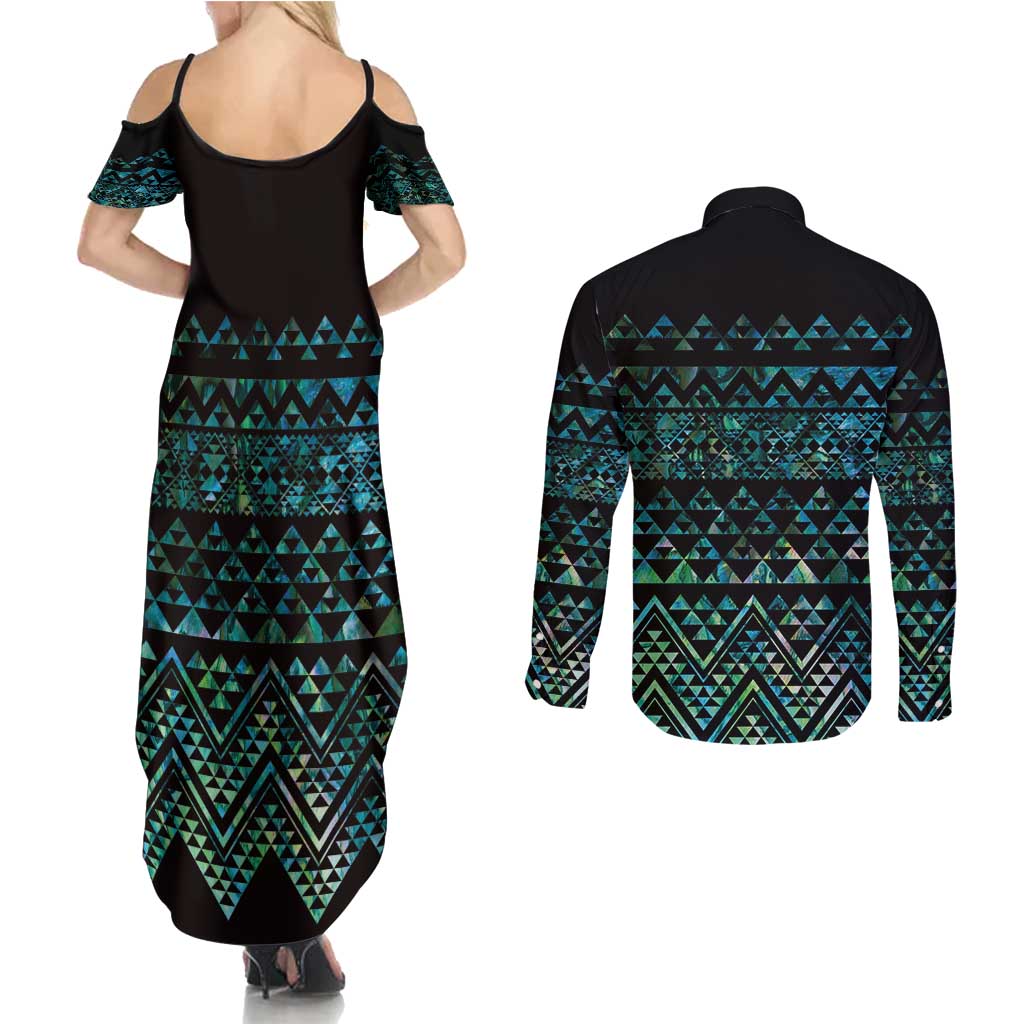 Maori Niho Taniwha Te Wheiao Couples Matching Summer Maxi Dress and Long Sleeve Button Shirt Paua Shell - Aussie Hoodie