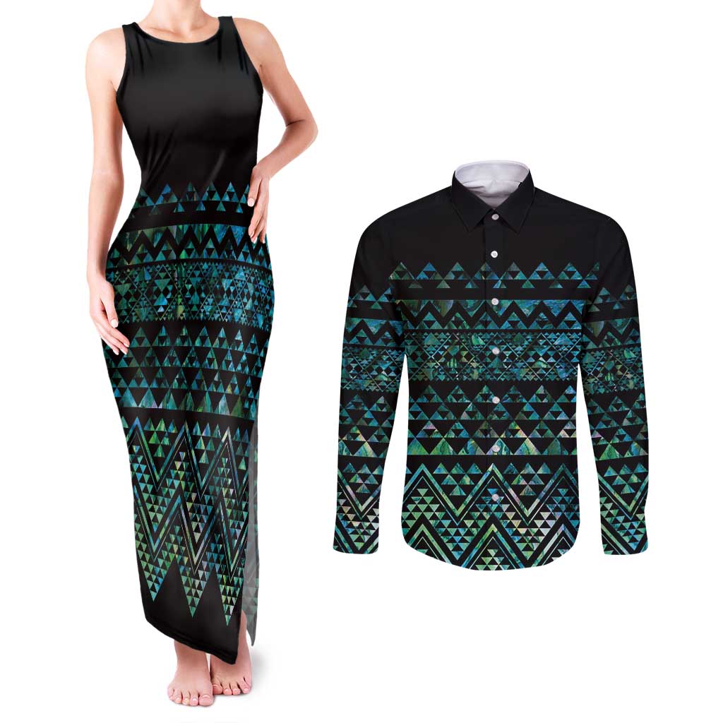 Maori Niho Taniwha Te Wheiao Couples Matching Tank Maxi Dress and Long Sleeve Button Shirt Paua Shell - Aussie Hoodie