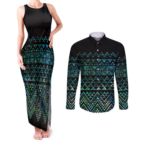 Maori Niho Taniwha Te Wheiao Couples Matching Tank Maxi Dress and Long Sleeve Button Shirt Paua Shell - Aussie Hoodie