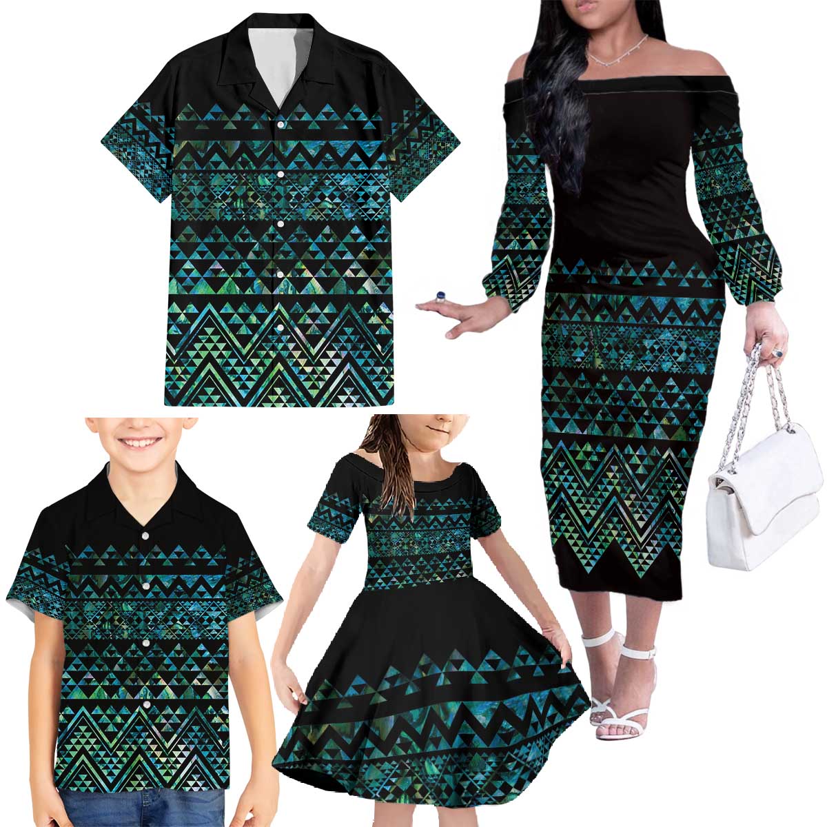 Maori Niho Taniwha Te Wheiao Family Matching Off The Shoulder Long Sleeve Dress and Hawaiian Shirt Paua Shell - Aussie Hoodie