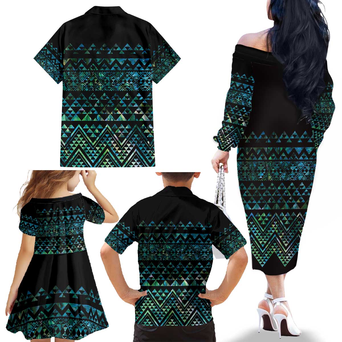Maori Niho Taniwha Te Wheiao Family Matching Off The Shoulder Long Sleeve Dress and Hawaiian Shirt Paua Shell - Aussie Hoodie