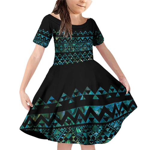 Maori Niho Taniwha Te Wheiao Family Matching Off Shoulder Short Dress and Hawaiian Shirt Paua Shell - Aussie Hoodie